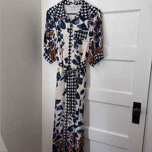 entro Navy, Brown & Cream Patterned Button-Front Maxi Dress